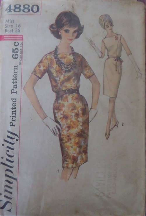 VINTAGE SIMPLICITY 4880  ONE PIECE DRESS SIZE 16 BUST 36` COMPLETE-ZIPLOC BAG