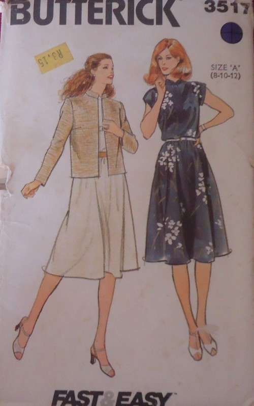 BUTTERICK 3517 LOOSE FITTING UNLINED JACKET & DRESS SIZE A8-10-12  COMPLETE-UNCUT-F/FOLDED