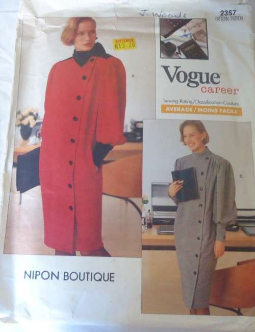 VOGUE 2357  NIPON BOUTIQUE-V/LOOSE FITTING DRESS SIZE 12 COMPLETE