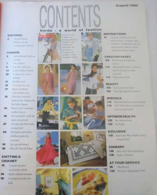 BURDA  - WORLD OF FASHION - 8 - AUGUST 1994 -136 PAGES WITH PULLOUT SECTION