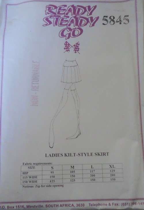 READY-STEADY-GO PATTERN 5845  LADIES KILT STYLE SKIRT  SIZE MEDIUM HIP 117 CM