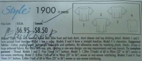 STYLE 1900 TOPS WITH LOWERED ROUND NECK SIZE A  6 - 18 COMPLETE -SEE LISTING