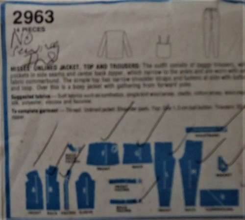 STYLE 2963 UNLINED JACKET-TOP-PANTS SIZE 12 BUST 87 CM -NO SEWING INSTRUCTIONS