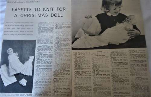 LAYETTE TO KNIT FOR A CHRISTMAS DOLL 14"PETTICOAT- FROCK-CAPE & HOOD-MATINEE JACKET