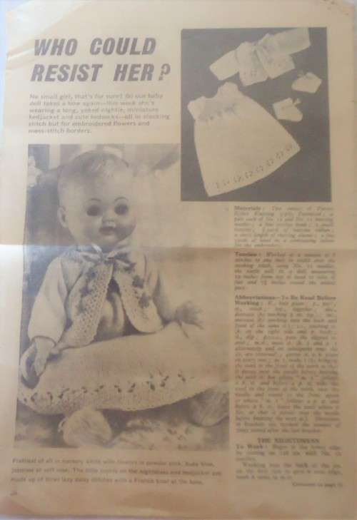 WOMAN'S WEEKLY - BABY OUTFIT SIZE 12" DOLL-NIGHTDRESS-BEDSOCKS-BEDJACKET