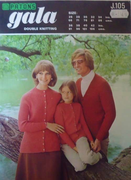 PATONS J.105  FAMILY RIBBED CARDIGANS WITH ROUND OR V NECKS  -SIZES 26-42` OR 66-106 CM