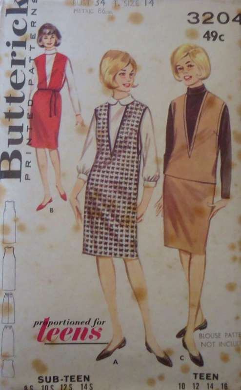 VINTAGE BUTTERICK 3204 PINAFORE-PULLOVER-SKIRT SIZE 14 BUST 34" - COMPLETE
