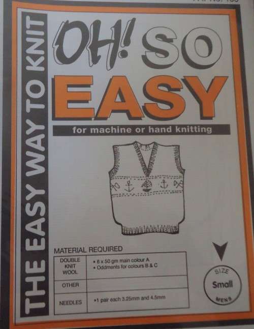 OH SO EASY KNITTING NO 103 HAND OR MACHINE  SLEEVELESS V NECK PULLOVER - SMALL MEN 97 CM