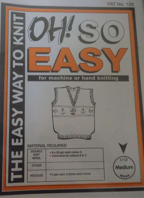 OH SO EASY KNITTING NO 103 HAND OR MACHINE  SLEEVELESS V NECK PULLOVER - MEDIUM  MEN 102 CM