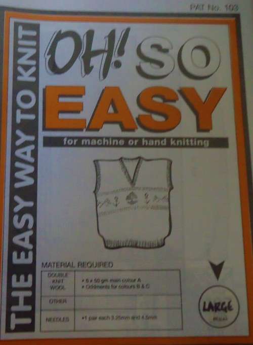 OH SO EASY KNITTING NO 103 HAND OR MACHINE  SLEEVELESS V NECK PULLOVER - LARGE MEN 107/112 CM