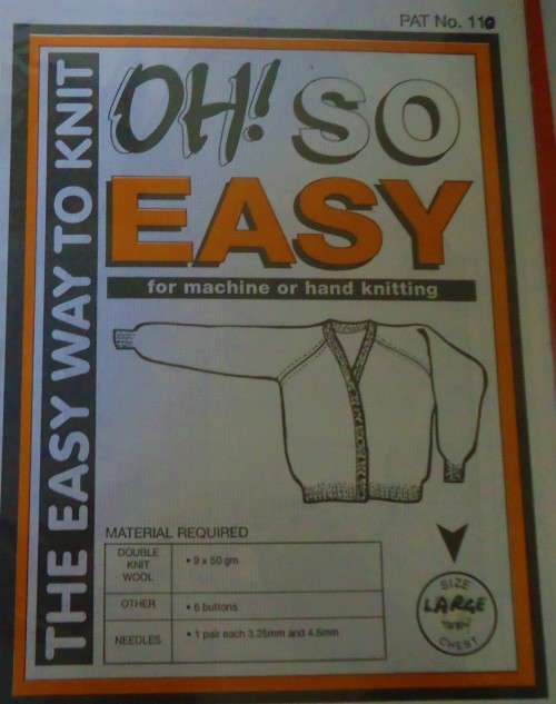 OH SO EASY KNITTING 110 HAND OR MACHINE V NECK RAGLAN CARDIGAN FOR TEEN  LARGE 92 CM
