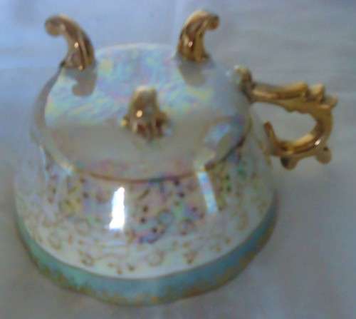 OPALESQUE ROMANTIC SCENE IN GREY WITH GILT FOOTED CUP & LATTICE WORK SAUCER DUO