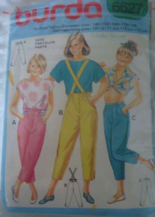 BURDA 6627 TEEN GIRLS PANTS-SUSPENDERS SIZE 10-12-11JUN-13 JUN-15JUN COMPLETE