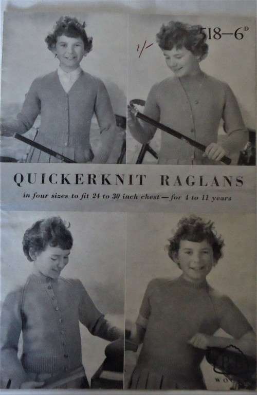 PATONS P & B WOOLS 518  QUICKERKNIT RAGLANS IN FOUR SIZES TO FIT 24`-30` FOR 4 - 11 YRS 8 A5 PAGES