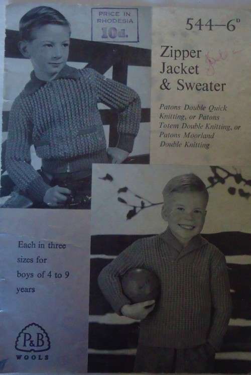 PATONS P & B WOOLS 544  ZIPPER JACKET & SWEATER IN 3 SIZES FOR BOYS 4-9 YEARS 8 A5 PAGES