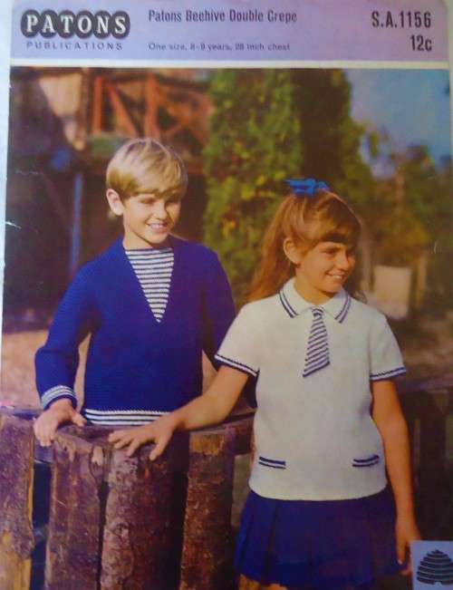 PATONS S.A. 1156 BOY`S PULLOVER WITH STRIPED INSET & HER JUMPER,SKIRT & TIE-TO FIT SIZES 8-9 YRS 28`