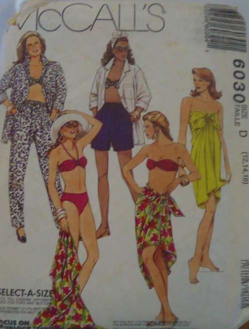 McCALLS 6030 PAREO-WRAP SKIRT-PANTS-SHORTS-TOP & BIKINI  SIZE D=12-14-16 COMPLETE