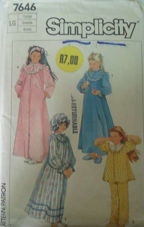 SIMPLICITY 7646 GIRLS NIGHTGOWN-PJS-ROBE-HAT SIZE LARGE  30-32` COMPLETE-ONLY VIEW 1 CUT