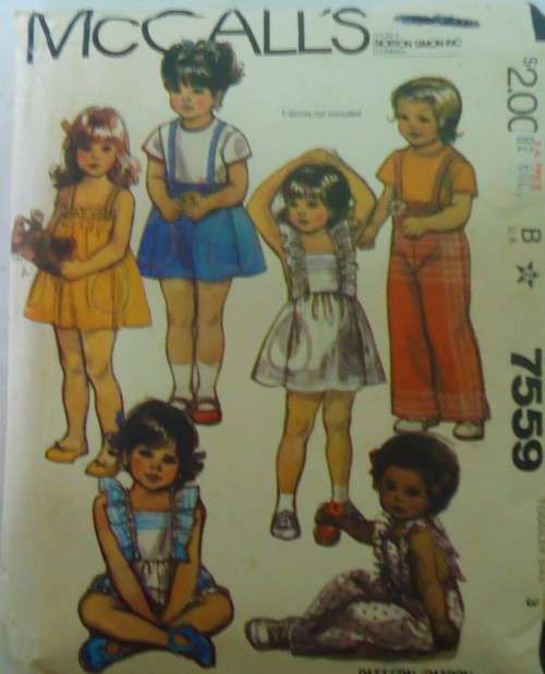 McCALL's 7559 TODDLERS DRESS OR SKIRT-PANTS-BLOOMERS-BIB-STRAPS SIZE 3 YEARS COMPLETE-UNCUT-F/FOLDED