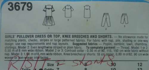 STYLE 3679 GIRL`S PULLOVER DRESS-TOP-KNEE BREECHES -SHORTS SIZE 7-8-10-12 YEARS- SEE LISTING