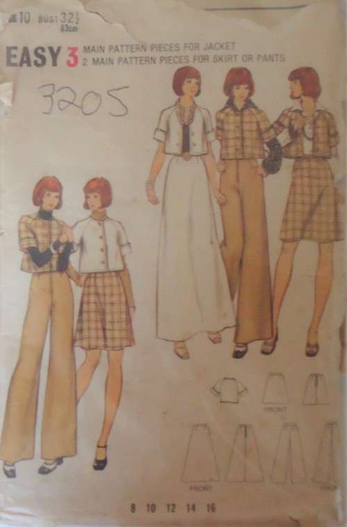 BUTTERICK 3205 JACKET-SKIRT-PANTS SIZE 10 BUST 32 1/2` COMPLETE-ZIPLOC BAG