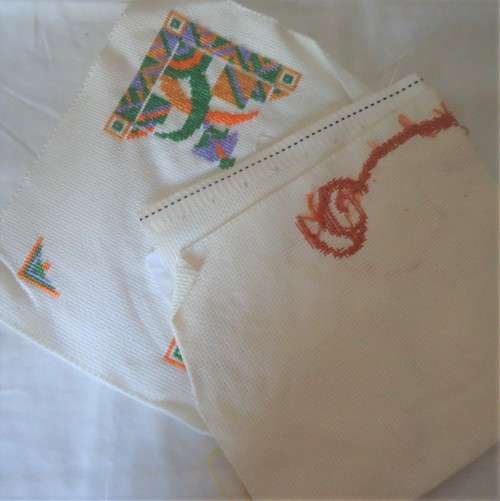 SAMPLE PIECES OF CROSS STITCH FABRIC - SOME EMBROIDERED