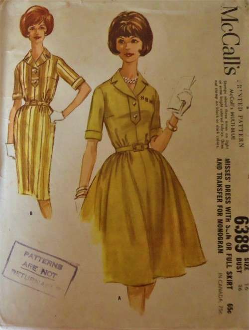 VERY VINTAGE McCALLS 6389  DRESS -SLIM OR FULL SKIRT & TRANSFER SIZE 16 BUST 36` COMPLETE-UNCUT-F/F