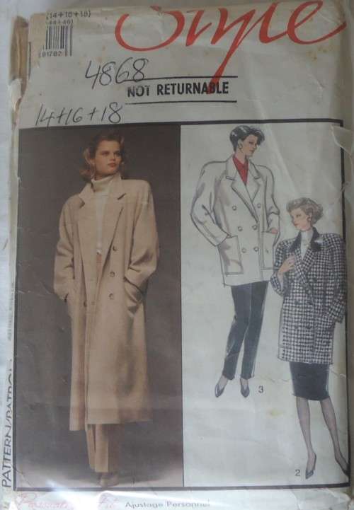 STYLE 4868 DOUBLE BREASTED LINED COAT-SIZE 8-10-13 COMPLETE-UNCUT-F/FOLDED-ZIPLOC BAG