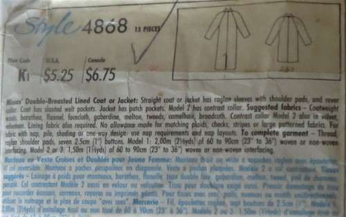 STYLE 4868 DOUBLE BREASTED LINED COAT-SIZE 8-10-13 COMPLETE-UNCUT-F/FOLDED-ZIPLOC BAG