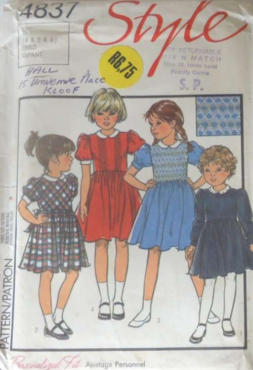 STYLE 4837 GIRL'S DRESS WITH SMOCKING-SIZE 4-5-6 YEARS COMPLETE-UNCUT-F/FOLDED