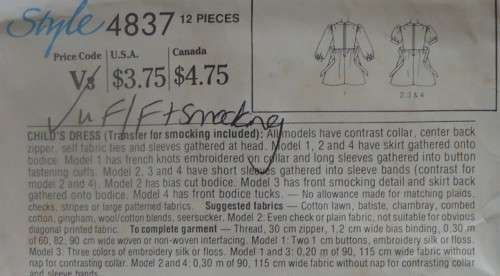 STYLE 4837 GIRL'S DRESS WITH SMOCKING-SIZE 4-5-6 YEARS COMPLETE-UNCUT-F/FOLDED