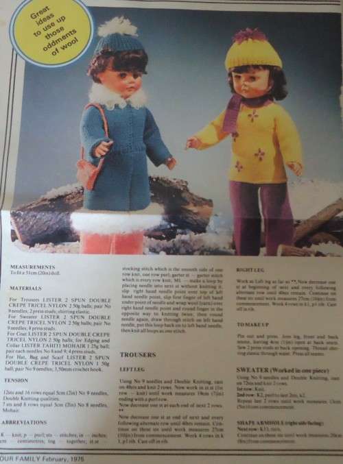 DRESSING UP DOLLY FOR THE SNOW(53 CM) HAT-COAT-SWEATER-BELT-SCARF-PANTS- YOUR FAMILY FEBRUARY 1975