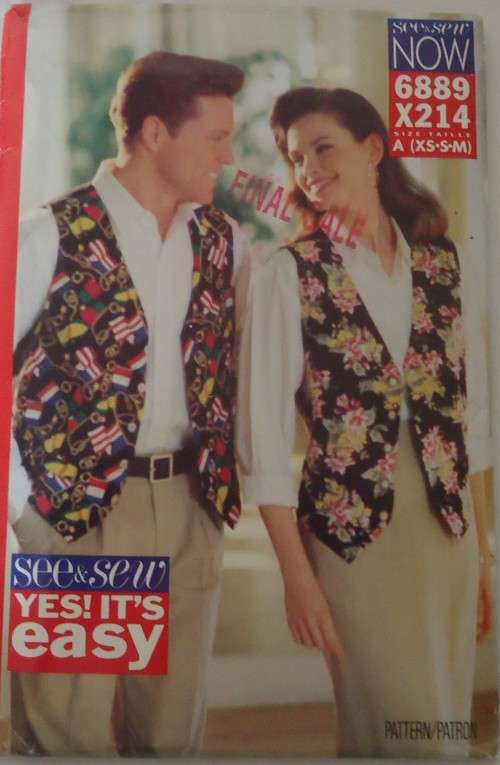 BUTTERICK 6889X214  UNISEX LINED WAISTCOAT SIZE A=XS-S-M (30 - 40)-COMPLETE-UNCUT-F/FOLDED