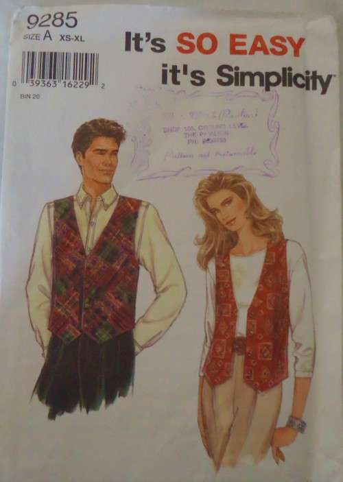 SIMPLICITY 9285-UNISEX WAISTCOAT SIZE-A=XS-XL COMPLETE-UNCUT-F/FOLDED