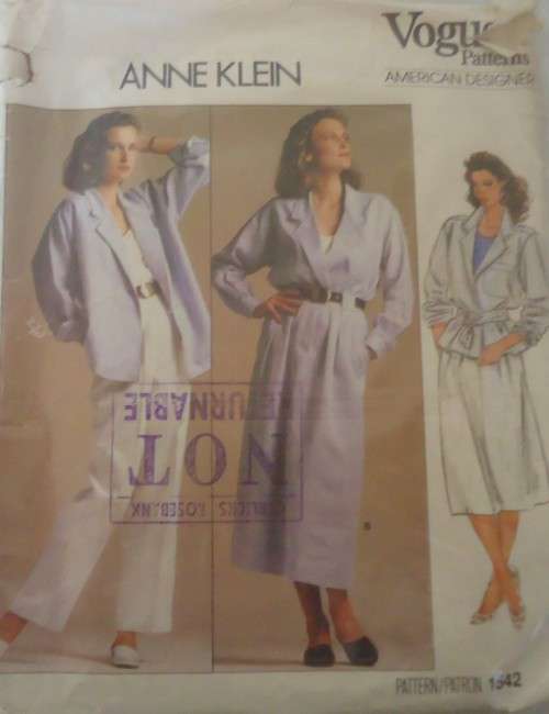 VOGUE AMERICAN DESIGNER 1542 ANNE KLEIN JACKET-SKIRT-PANTS SIZE 16 COMPLETE-ZIPLOC BAG
