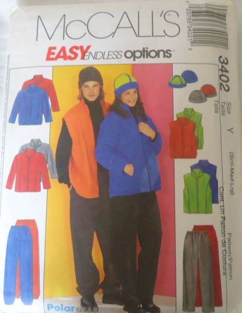 McCALLS 3402 UNISEX JACKET-VEST-PULL ON PANTS-REVERSIBLE HAT SIZE Y=S-M-L (32-40") COMPLETE-CUT TO L