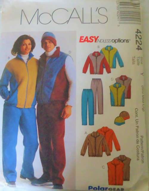 McCALLS 4224 UNISEX JACKET-VEST-PULL ON PANTS-REVERSIBLE HAT SIZE Y=S-M-L (32-40") COMPLETE-CUT TO L