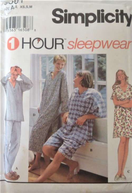 SIMPLICITY 9391 UNISEX SLEEPWEAR SIZE AA=XS-S-M  (30 - 40") COMPLETE-UNCUT-F/FOLDED