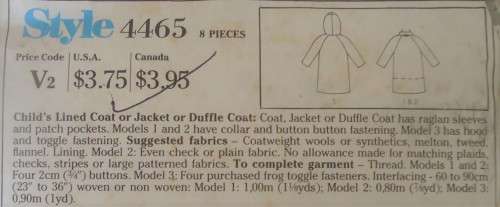 STYLE 4465 CHILD`S LINED COAT/JACKET-DUFFLE COAT SIZE N4-5-6 YEARS COMPLETE
