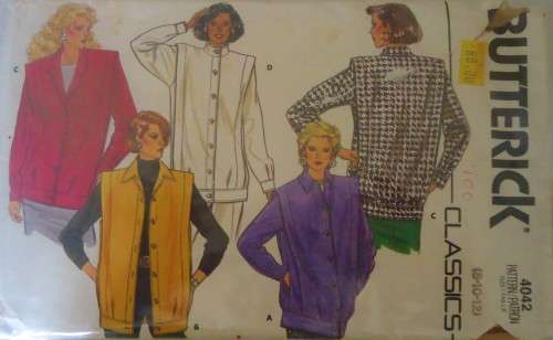 BUTTERICK 4042 VERY LOOSE FITTING UNLINED BELOW HIP JACKET SIZE 8-10-12  COMPLETE-ZIPLOC BAG