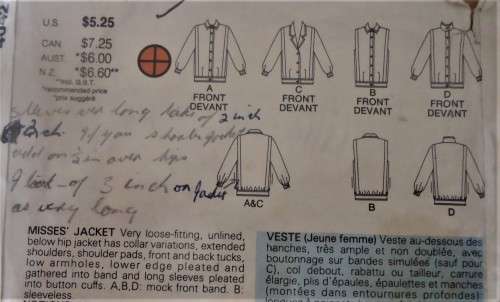 BUTTERICK 4042 VERY LOOSE FITTING UNLINED BELOW HIP JACKET SIZE 8-10-12  COMPLETE-ZIPLOC BAG