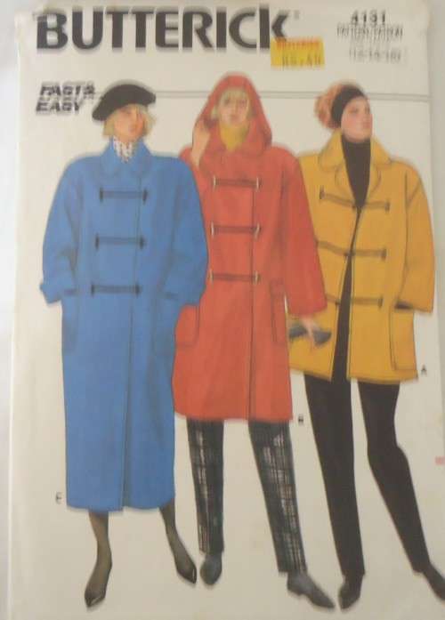 BUTTERICK 4131 A LINE SEMI FITTED COAT WITH POCKETS & HOOD  SIZE 12-14-16 COMPLETE