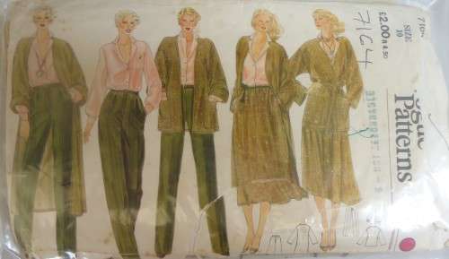 VOGUE PATTERN 7164 BLOUSE-COAT & BELT-SKIRT-PANTS SIZE 10- ZIPLOC BAG