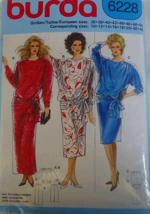 BURDA 6228 TOP & SKIRT SIZE 10-12-14-16-18-20-40-42 COMPLETE-UNCUT