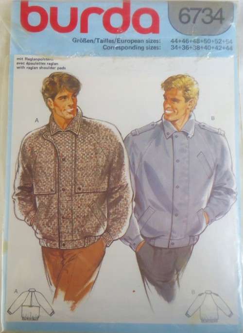 BURDA 6734 MEN`S BURRON CASUAL JACKET/ ANORAK SIZE 34-6-38-40-42-44 COMPLETE-UNCUT-F/FOLDED-SEALED