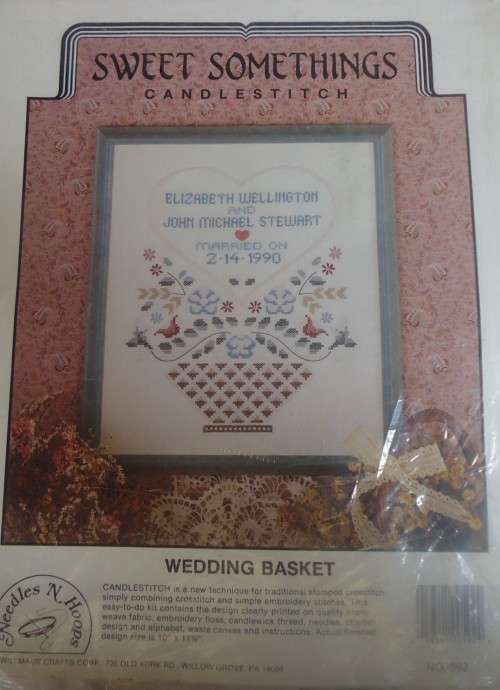 SWEET SOMETHINGS CANDLESTITCH - WEDDING BASKET WITH SEWING THREADS KIT WITH STAMPED LINEN