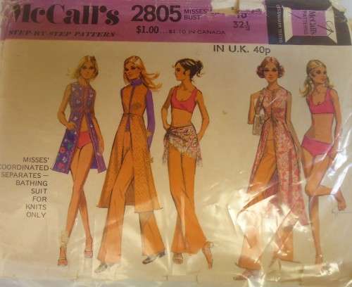 VINTAGE McCALLS 2805 LINED BATHING SUIT-DRESS-PANTS  SIZE 10 - 32 BUST COMPLETE-ZIPLOC