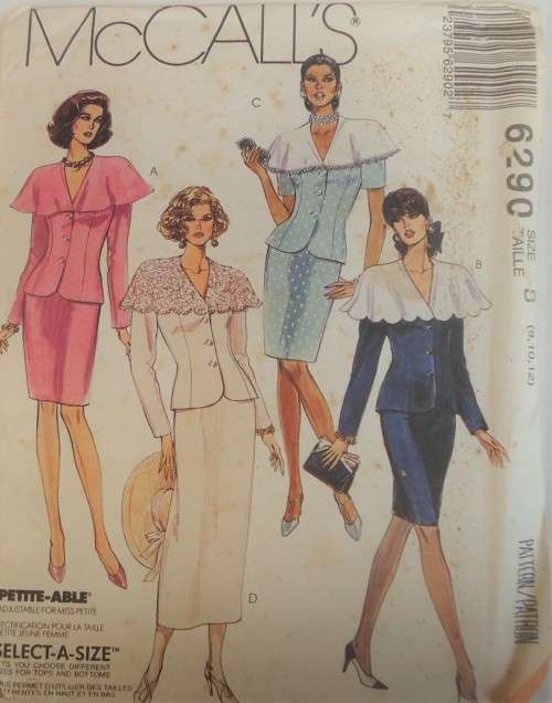 McCALLS 6290 TWO PIECE DRESS-TOP HAS CAPE COLLAR SIZE B 8-10-12 COMPLETE-UNCUT-F/FOLDED