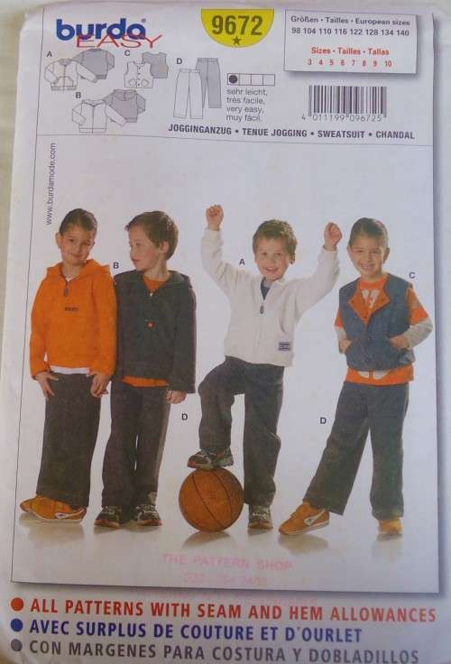 BURDA 9672 - BOYS HOODIE-SWEATSHIRT-WAISTCOAT-PANTS  SIZE 3-4-5-6-7-8-9-10 YEARS COMPLETE