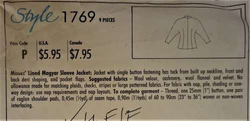 STYLE 1769 LINED MAGYAR SLEEVE JACKET SIZE 8-18 COMPLETE-UNCUT-F/FOLDED